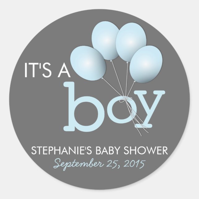 Moderner Blue Balloon Baby Showaufkleber Runder Aufkleber (Vorderseite)
