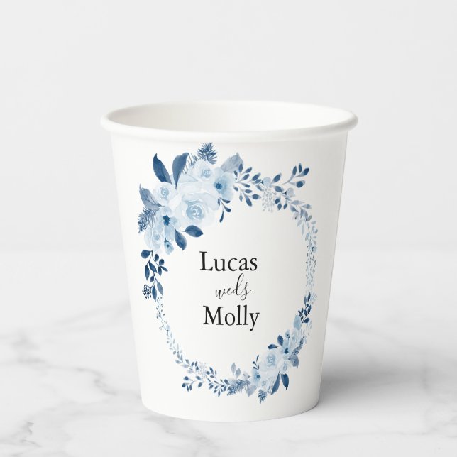 Moderner Blue French Floral Wedpaper Cup Pappbecher (Rückseite)