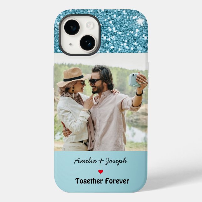 Moderner Blue Glitzer Custom Liebe Couple Foto Case-Mate iPhone 14 Hülle (Rückseite)