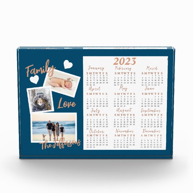 Moderner Blue & Gold New Year Calendar Foto Block (Vorderseite)