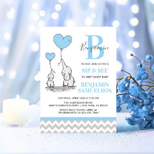 Moderner Blue Gray Elephant SIP & SEE Baby Boy Einladung