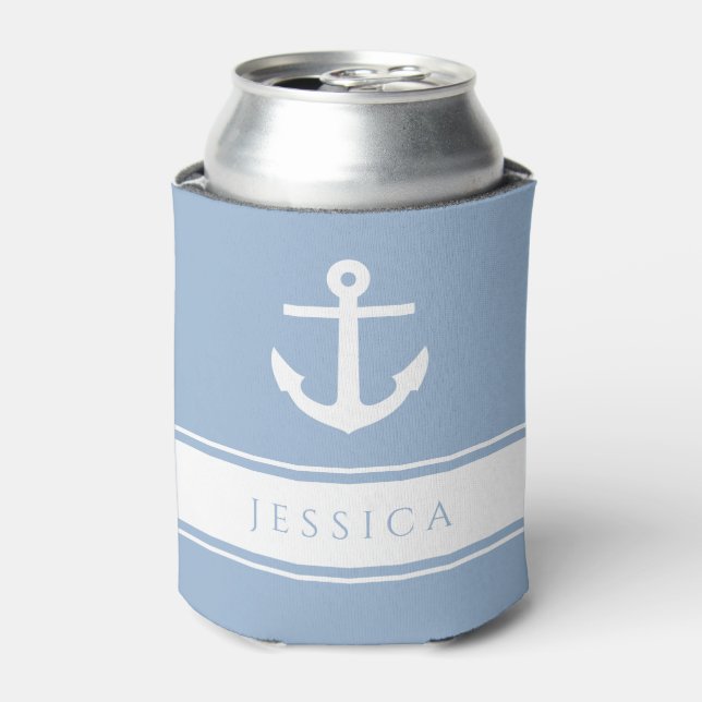 Moderner Blue Nautical Anchor Individuelle Name Dosenkühler (Kanne Vorderseite)