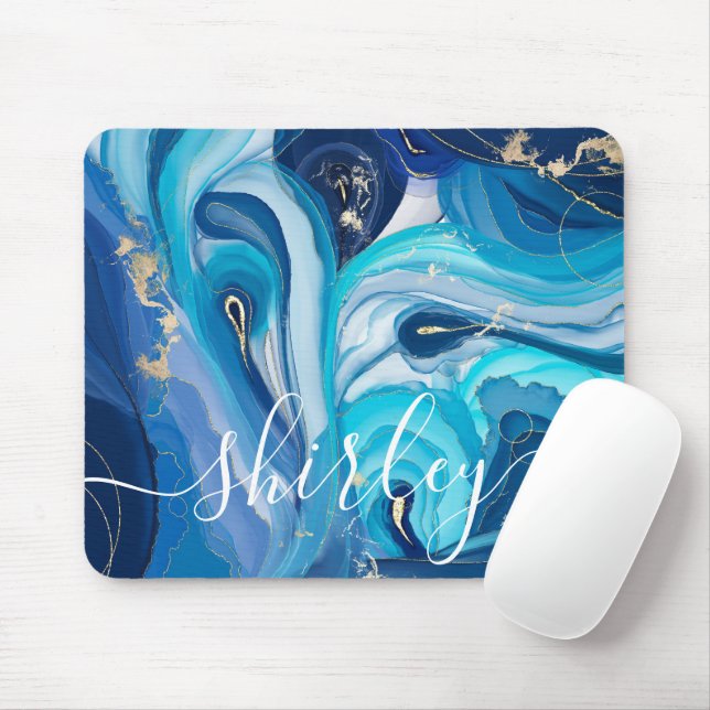 Moderner Blue Swirl Agate Iridescent Individuelle  Mousepad (Mit Mouse)