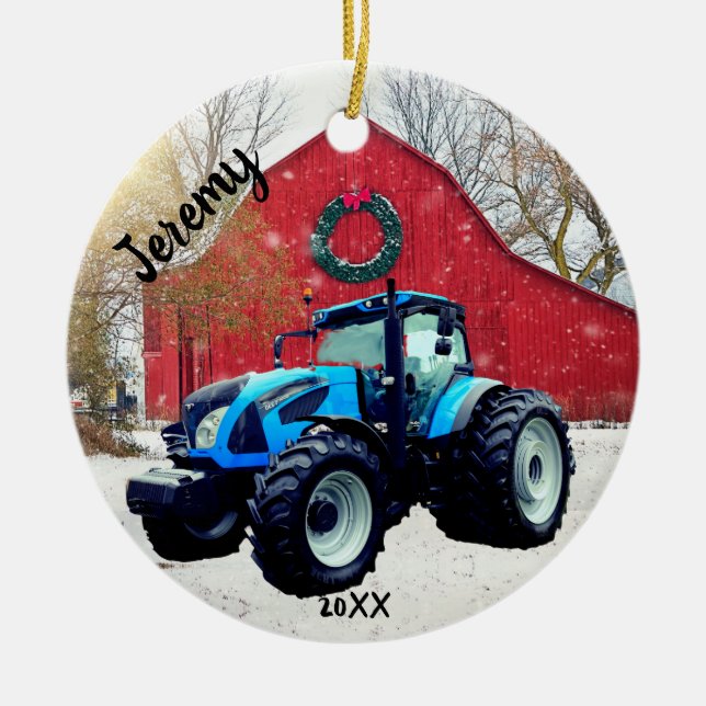 Moderner Blue Traktor Weihnachten Keramik Ornament (Vorne)