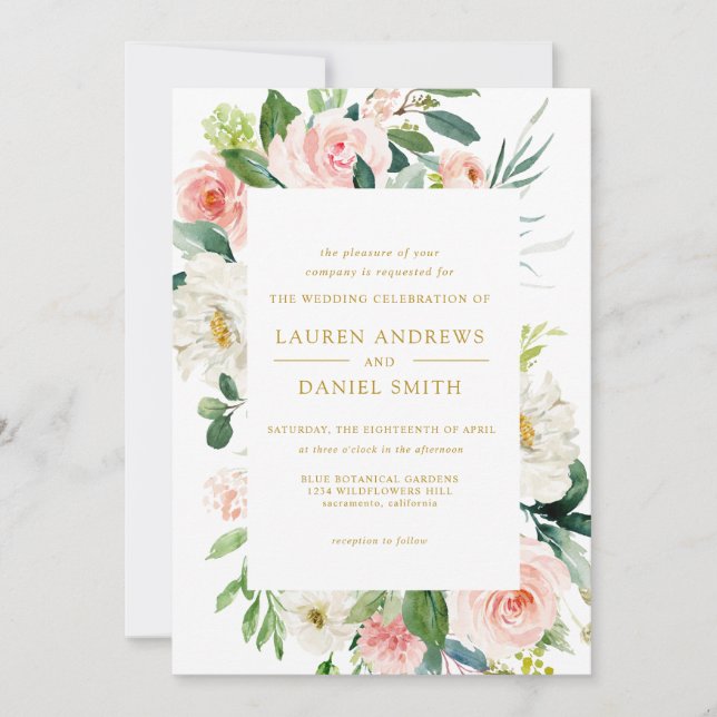 Moderner Blues | Alle in einem Gold Floral Wedding Einladung (Vorderseite)