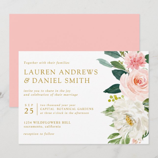 Moderner Blues | Chic Botanical Gold Floral Hochze Einladung (Vorne/Hinten)
