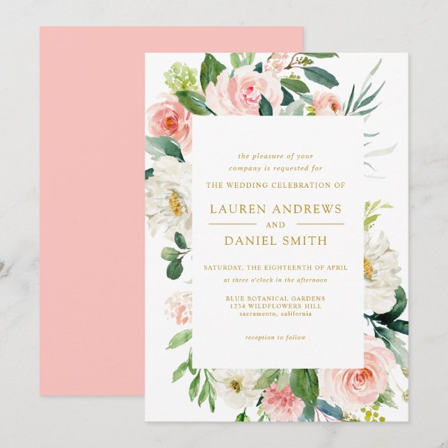 Moderner Blues | Chic Botanical Gold Floral Weddin Einladung (Vorne/Hinten)