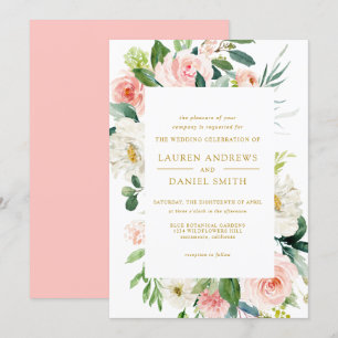 Moderner Blues   Chic Botanical Gold Floral Weddin Einladung