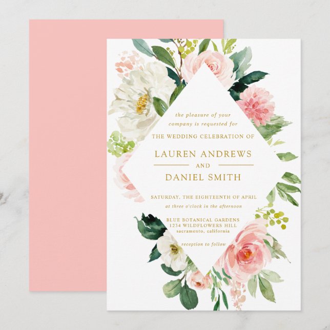 Moderner Blues | Chic Diamond GOLD Floral Wedding Einladung (Vorne/Hinten)