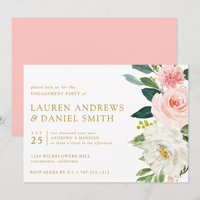 Moderner Blues | Chic Floral Gold Engagement Party Einladung (Vorne/Hinten)