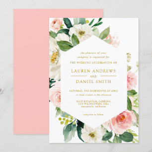 Moderner Blues   Chic Geometric Gold Floral Weddin Einladung