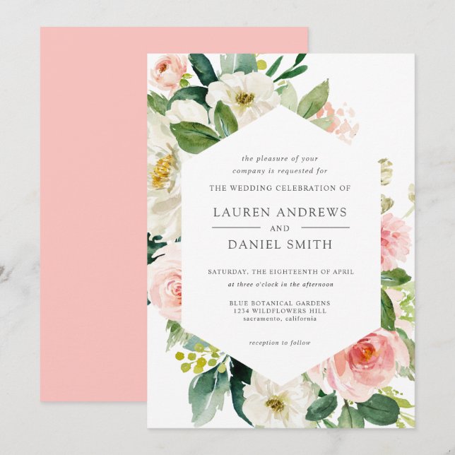 Moderner Blues | Chic Geometric Gold Floral Weddin Einladung (Vorne/Hinten)