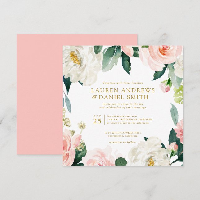 Moderner Blues | Chic Gold Botanical Garland Hochz Einladung (Vorne/Hinten)