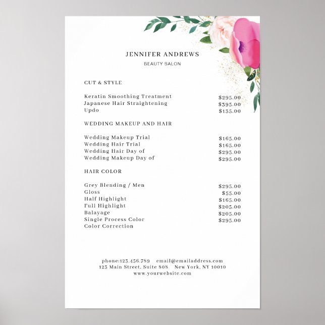 Moderner Blumen Preisliste Poster (Vorne)