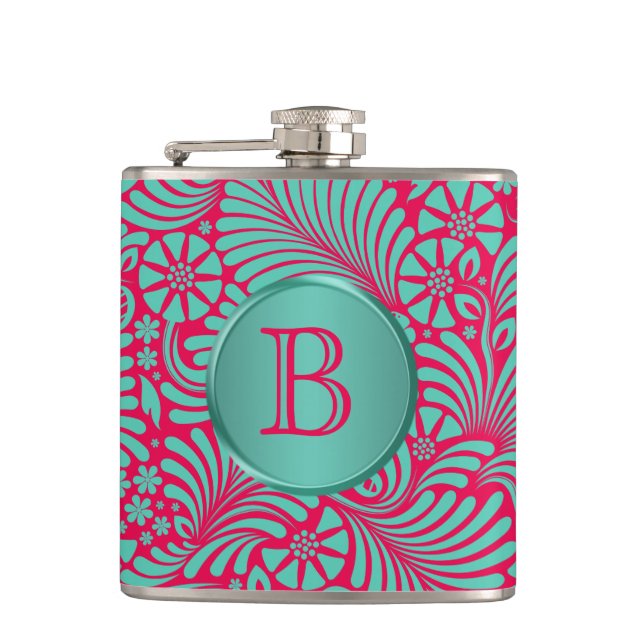Moderner BlumenDamast Mit Monogramm Flachmann (Vorderseite)