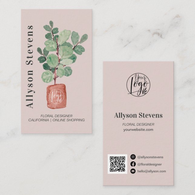 Moderner Blumendesigner Pflanze rosa Logo qr Visitenkarte (Vorne/Hinten)