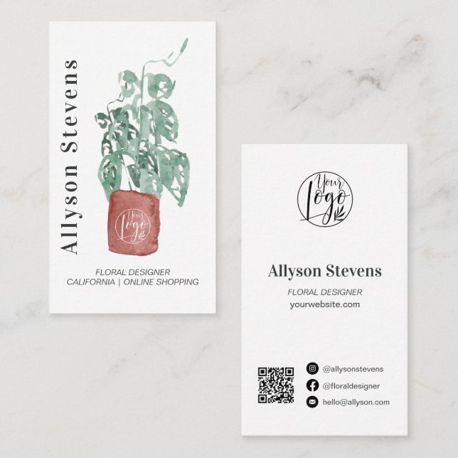 Moderner Blumendesigner Pflanze weiß Logo qr Visitenkarte (Vorne/Hinten)
