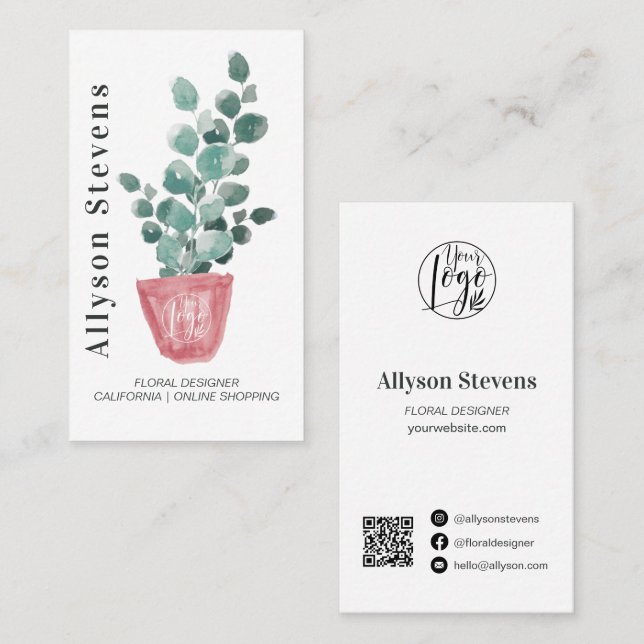 Moderner Blumendesigner Pflanze weiß Logo qr Visitenkarte (Vorne/Hinten)