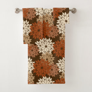 Moderner BlumenKimono-Druck, dunkles Brown und TAN Badhandtuch Set