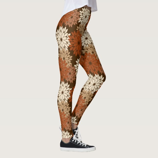 Moderner BlumenKimono-Druck, dunkles Brown und TAN Leggings (Rechts)