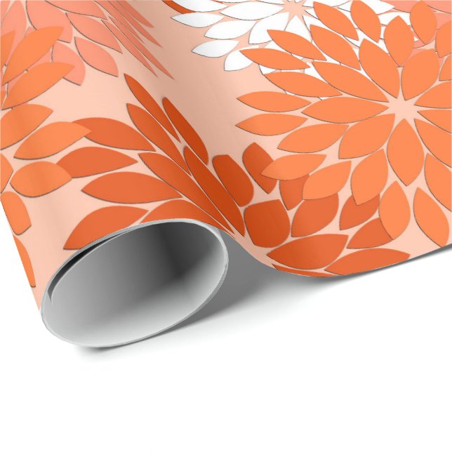 Moderner BlumenKimono-Druck, korallenrote Orange Geschenkpapier (Rolleneckpunkt)