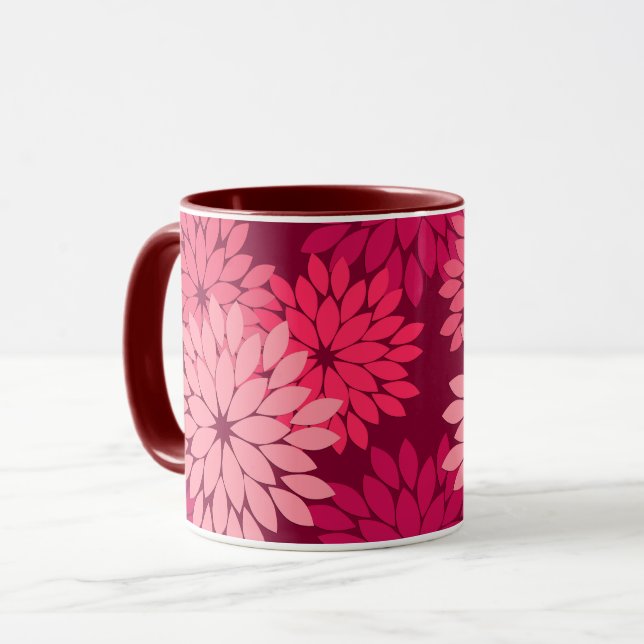 Moderner BlumenKimono-Druck, korallenrotes Rosa u. Tasse (Vorderseite Links)