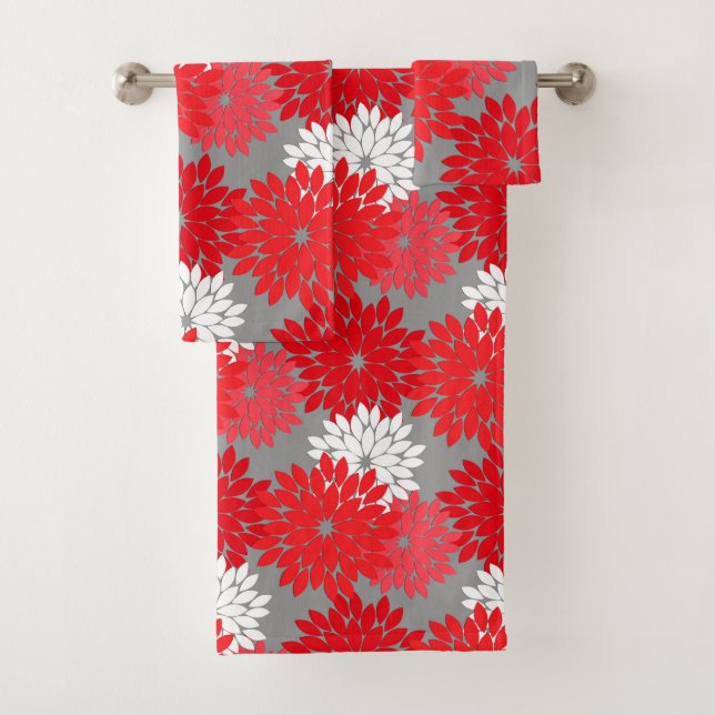 Moderner BlumenKimono-Druck, korallenrotes Rotes Badhandtuch Set (Insitu)