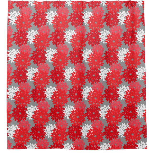 Moderner BlumenKimono-Druck, korallenrotes Rotes Duschvorhang (Vorderseite)