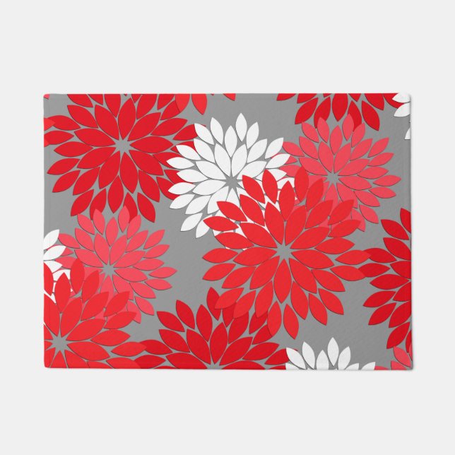 Moderner BlumenKimono-Druck, korallenrotes Rotes Fußmatte (Vorderseite)