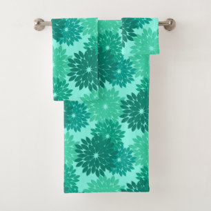 Moderner Blumenkimono-Druck, Türkis, aquamarines Badhandtuch Set