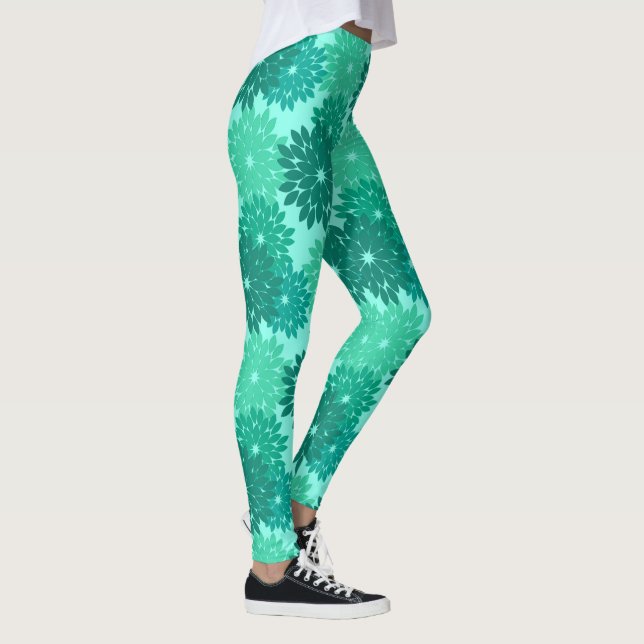 Moderner Blumenkimono-Druck, Türkis, aquamarines Leggings (Rechts)