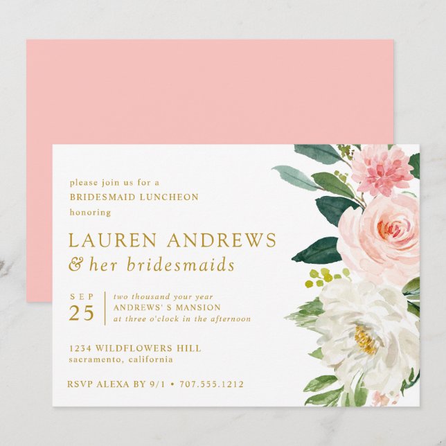 Moderner Blush Chic Floral Gold Bridesmaid Luncheo Einladung (Vorne/Hinten)