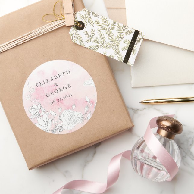 Moderner Blush Floral Monogram Wedding Umschlag Au Runder Aufkleber (Schenken)