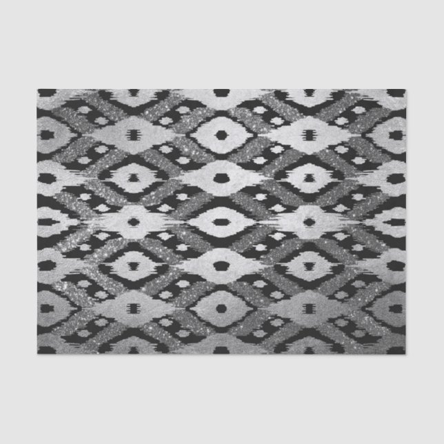 Moderner Bohemischer Silberschwarzer Glitzer Ikat- Seidenpapier (Vorderseite)