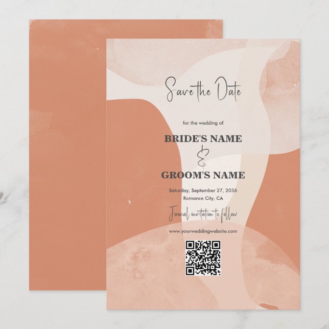 Moderner Bohemischer Terracotta Wedding QR Code Save The Date (Vorne/Hinten)