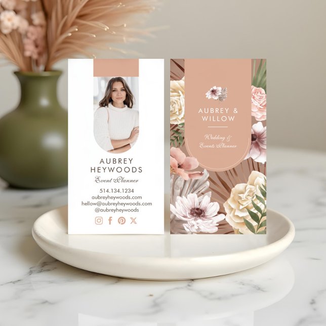 Moderner, Bohemischer Watercolor Florals Foto Arc Visitenkarte (Modern Chic Bohemian Watercolor Florals Photo Arch Business Card)