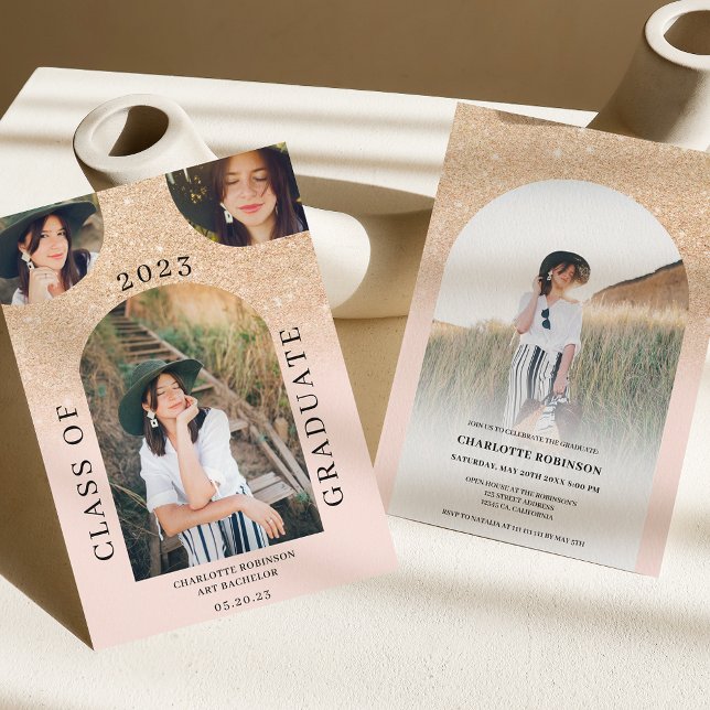 Moderner Boho arch gold schick pink 4 Foto Abschlu Einladung (Von Creator hochgeladen)