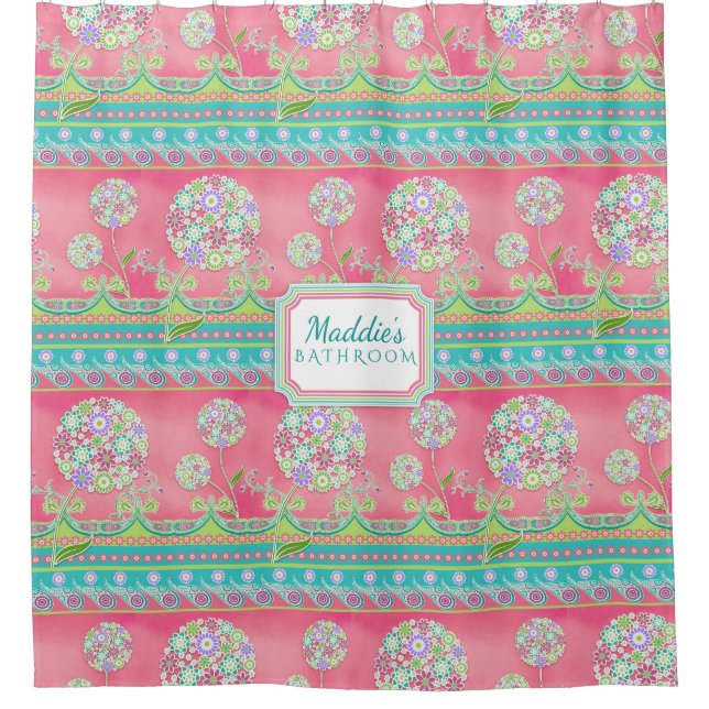 Moderner BOHO Chic Hot Pink Kronleuchter Blumentep Duschvorhang (Vorderseite)