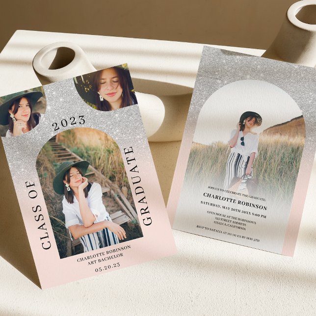 Moderner Bohrobogen silberrosa 4 Foto Abschluss Einladung (Von Creator hochgeladen)