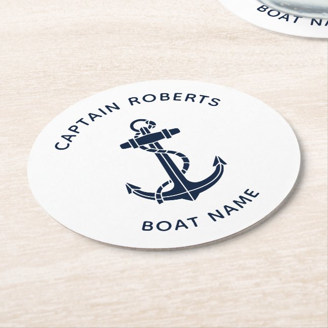 Moderner Bootsanker Kapitänsname Nautical Custom Runder Pappuntersetzer (Angewinkelt)