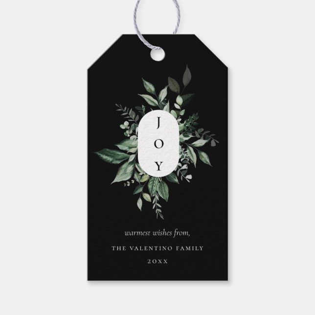 Moderner botanischer Joy Black Holiday Geschenkanhänger (Vorderseite)