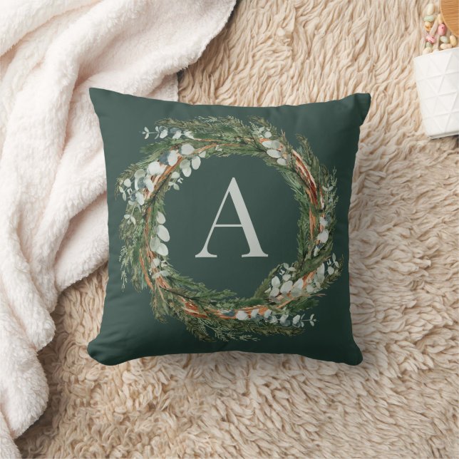 Moderner botanischer Kranz mit Monogramm, elegant  Kissen (Decke)