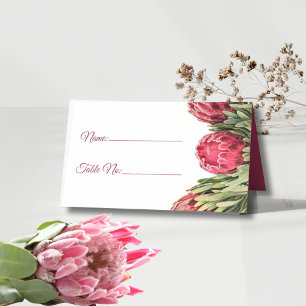 Moderner Botanischer Rosa-Protea-Blumentisch Platzkarte
