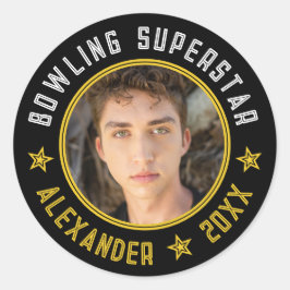 Moderner Bowling Superstar Name Foto Date Black Runder Aufkleber