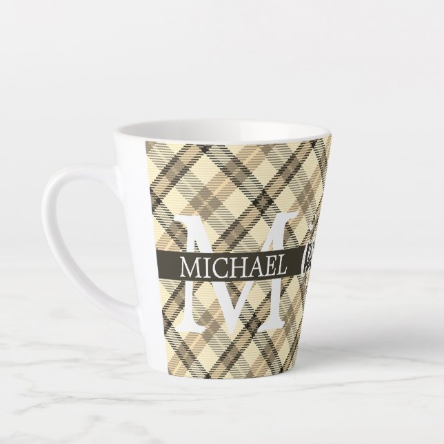 Moderner Buffalo-Karierter Monogram-Weihnachtsfeie Milchtasse (Links)