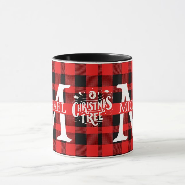 Moderner Buffalo-Karierter Monogram-Weihnachtsfeie Tasse (Zentrum)