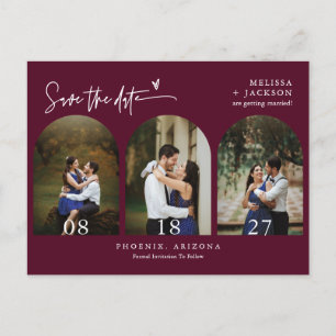Moderner Burgund-Arch-Foto QR-Code Save the Date Postkarte