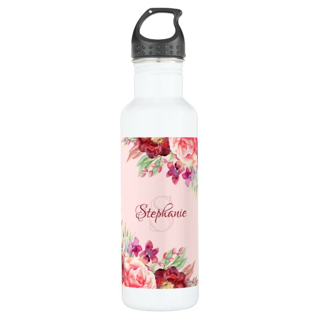 Moderner Burgund Blush Bloral Name Edelstahlflasche (Vorderseite)