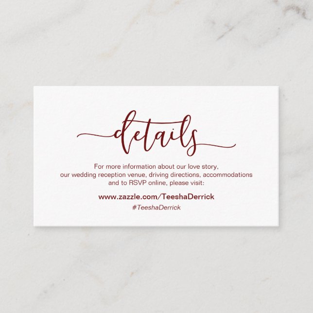 Moderner Burgund-Minimalismus Unsere Hochzeitdetai Begleitkarte (Vorderseite)