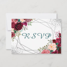 Moderner Burgundy Floral Silver Confetti RSVP Karte